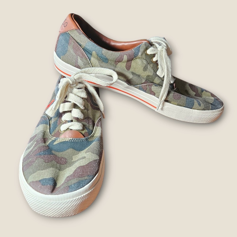 Polo Ralph Lauren Vaughn Mens 13D Camouflage Canvas Leather Sneakers Camo Green